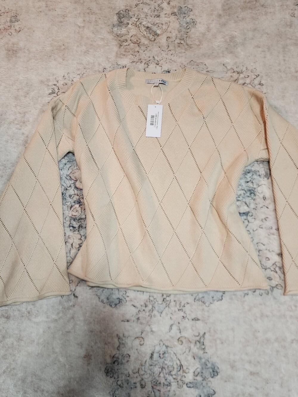 Baltic Born Britta Diamond Knit Bell Sleeve Sweater Beige Large NWT